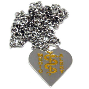 Heart-shaped stainless steel disc with MedicAlert logo, to hang on neck chain