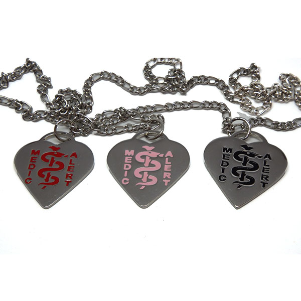 Heart-shaped stainless steel disc with MedicAlert logo, to hang on neck chain