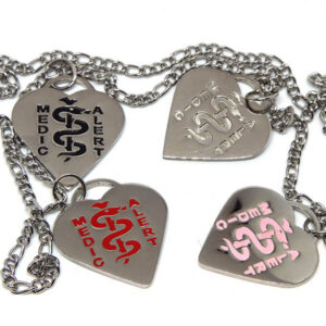 Heart-shaped stainless steel disc with MedicAlert logo, to hang on neck chain