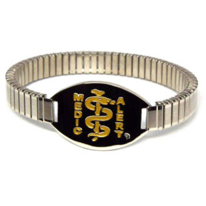 Stainless Steel Stretch Band With Small Gold Logo Disc